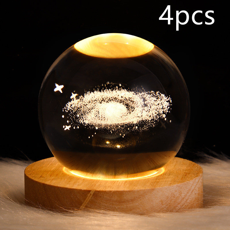 LED Night Light Galaxy Crystal Ball Table Lamp 3D Planet Moon Lamp Bedroom Home Decor For Kids Party Children Birthday Gifts Solid Wood Seat Set41 USB