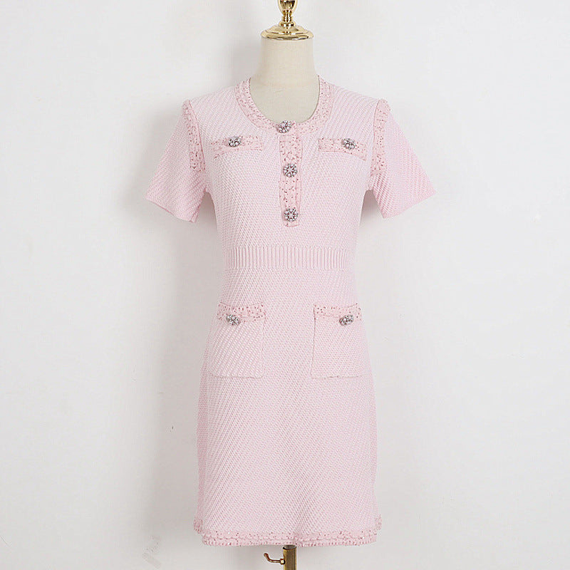 Just Arrived at Buy Center: Women's V-neck Tight Waist Drill Buckle Knitted Dress Pink