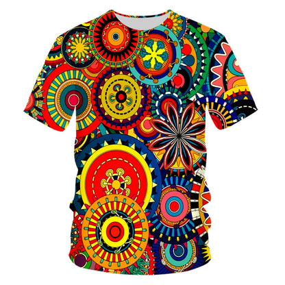 Camiseta informal de manga corta transpirable con estampado digital psicodélico colorido en 3D y flores que absorbe el sudor