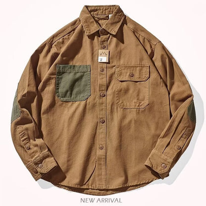 Newly Released at Buy Center: Men Clothing Sleeve Stick Cloth Washed Cotton Long-sleeved Shirt Men's Daily Tooling Retro Trend Youth Shirt Coat Khaki