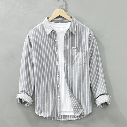 Just Arrived at Buy Center: Men's Cotton Casual Striped Oxford Long-sleeved Shirt Gray