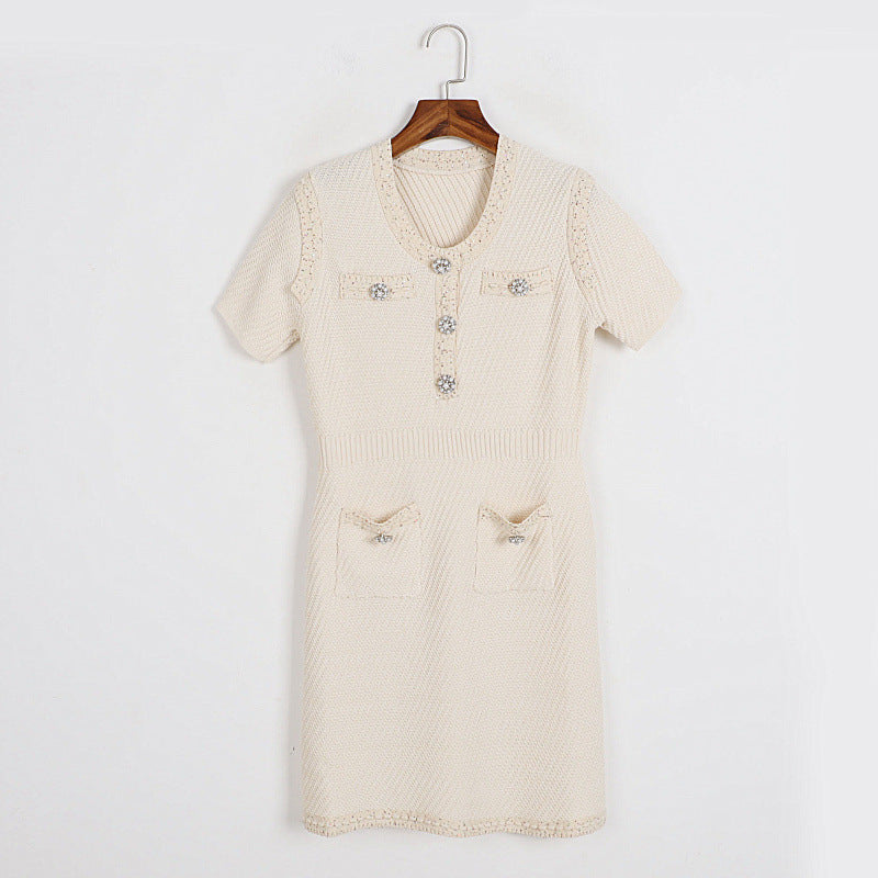 Just Arrived at Buy Center: Women's V-neck Tight Waist Drill Buckle Knitted Dress Apricot