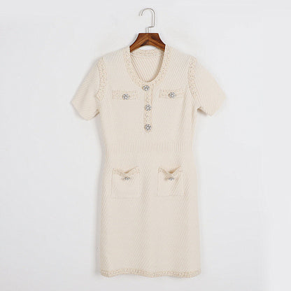 Just Arrived at Buy Center: Women's V-neck Tight Waist Drill Buckle Knitted Dress Apricot