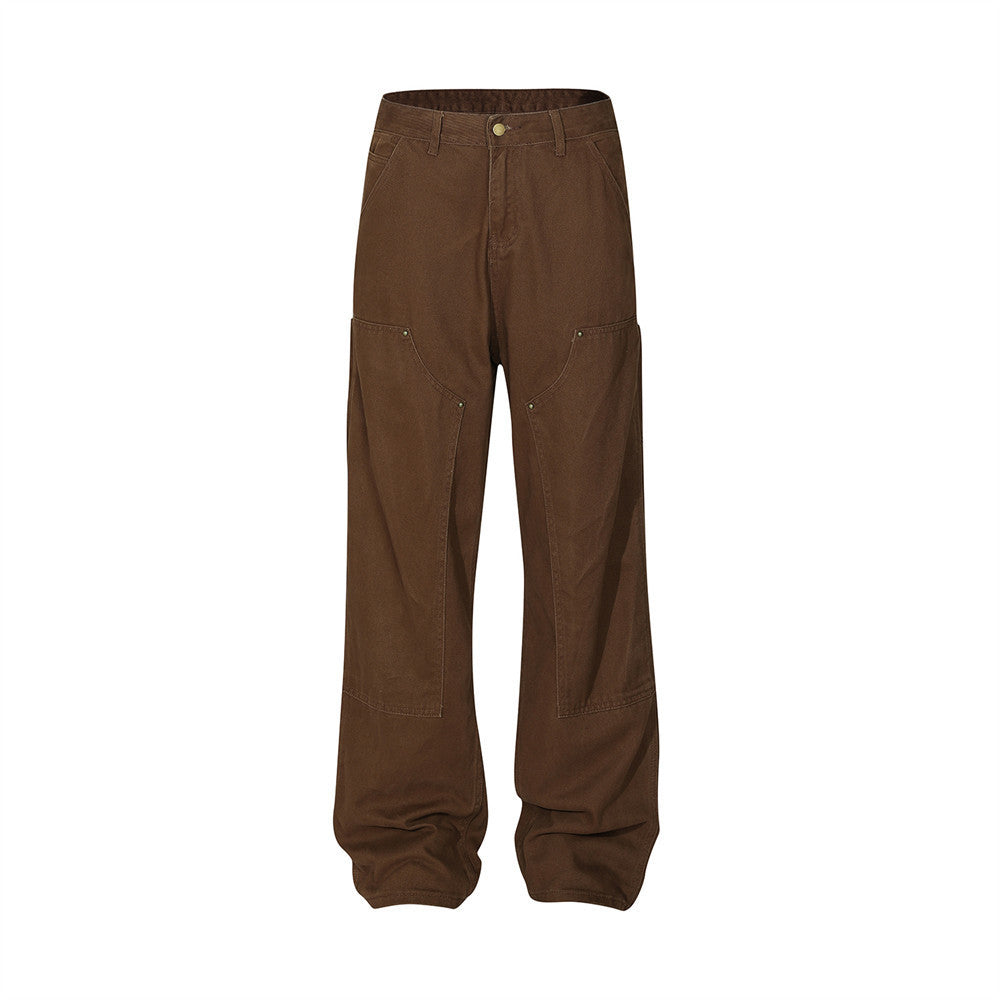 Fresh on the Scene at Buy Center: Punk Wash Denim Logging Pants Men's Mountain Outdoor Sports Loose Wide Straight All-matching Daddy Pants Tide Dark Brown