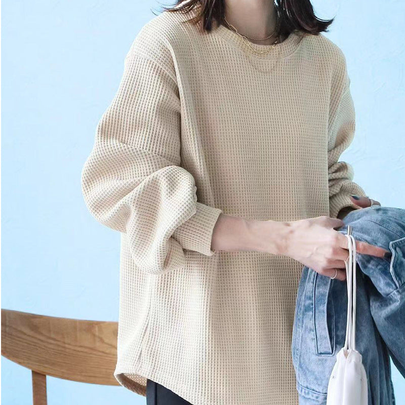 Loose Casual High-grade Waffle Bottoming Shirt Apricot