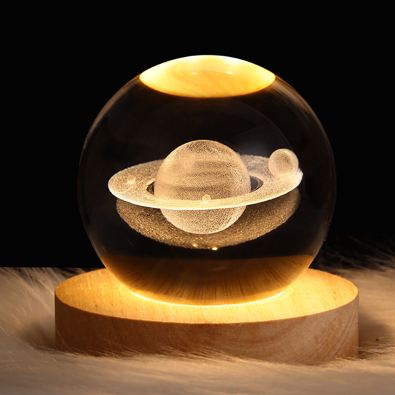 LED Night Light Galaxy Crystal Ball Table Lamp 3D Planet Moon Lamp Bedroom Home Decor For Kids Party Children Birthday Gifts Solid Wood Seat Saturn 6CM USB