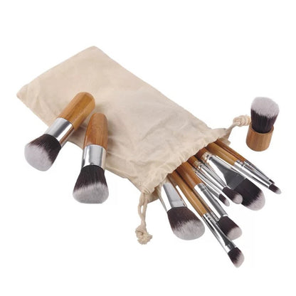 Ensemble de 11 pinceaux de maquillage avec manche en bambou et sac pour outils de beauté