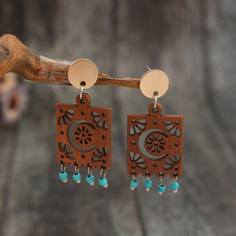 Buy Center Handpicked- Geometric Hollow Wooden Earrings Turquoise Tassel Retro