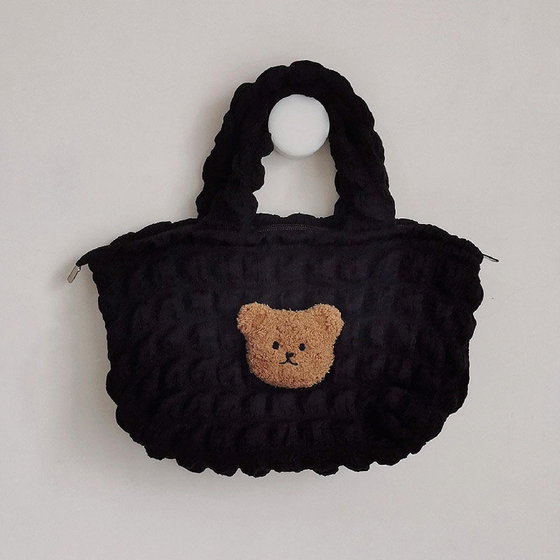 Bolso de mano acolchado con cabeza de oso de peluche tridimensional a cuadros