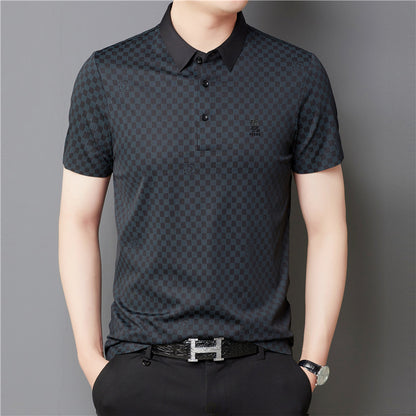 Newly Released at Buy Center: Men's Lapel Plaid Printed Seamless High Elasticity Ice Silk Short Sleeve