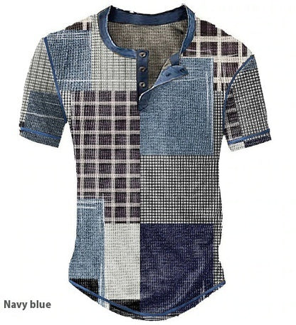 Men's Clothing Graphic Plaid Color Block Printed Men's Waffle Henley Shirt Short Sleeve