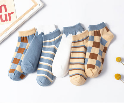 New Cute Student Socks Plaid Sweet Blue Boat Socks Cotton College