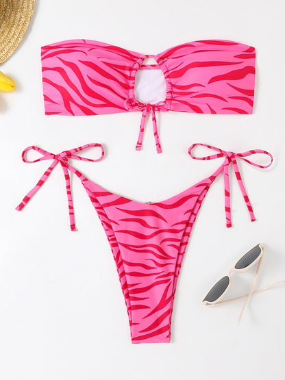 New Women's Fashion Bikini Striped Printed Swimsuit Rose Red Stripes