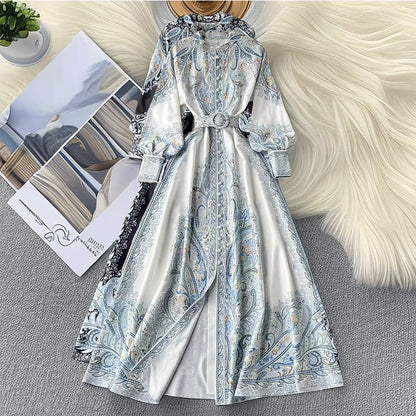 Trending Now at Buy Center: Style Lapel Lantern Sleeve Printed Dress Women Blue