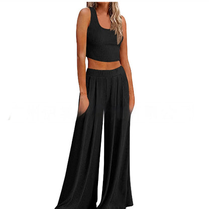 Just Arrived at Buy Center: Pajamas Rib Midriff-baring Top Loose Casual Wide-leg Pants With Pocket Back Black