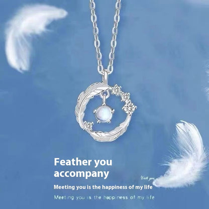 New 925 Silver Plated Delicate Feather You Accompany Moonstone Necklace XU0040