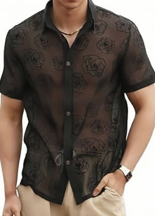 T-shirt à manches courtes et boutons transparents en maille à fleurs roses pour hommes