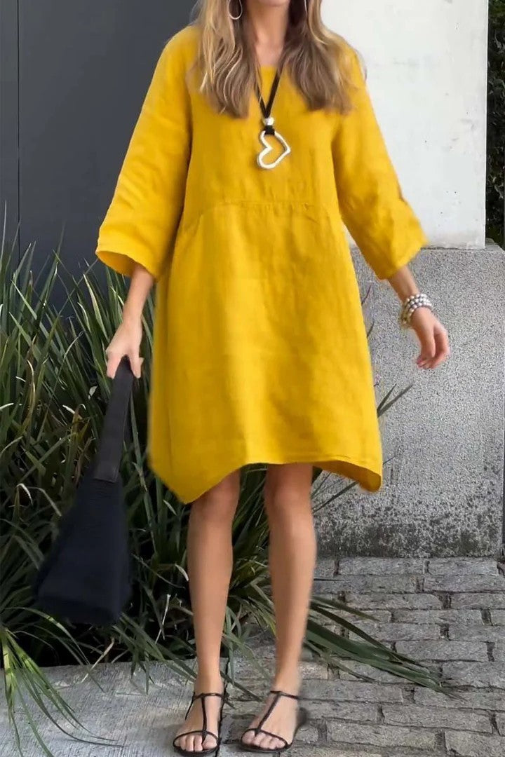 Hot New Items at Buy Center: Women's Cute Solid Color Loose Casual Pocket Cotton Linen Dress Yellow