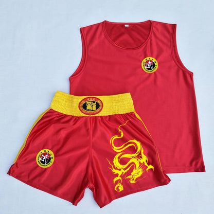 Men's And Women's Red And Black Sanda Shorts Martial Arts Dragon Pattern Boxing Suit Red