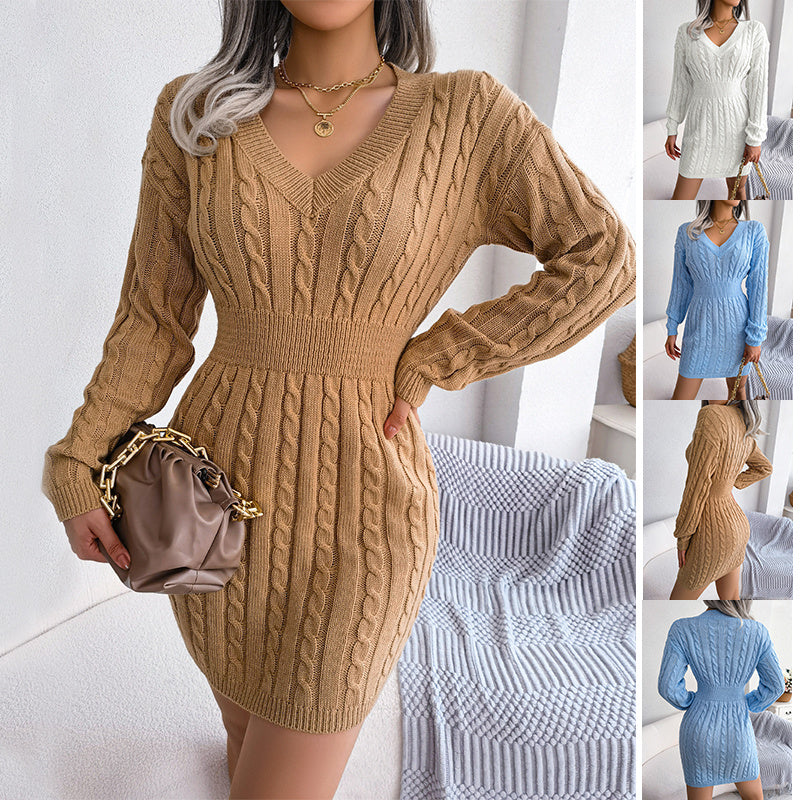 Fresh Arrivals at Buy Center: Solid Color V-Neck Long Sleeve Knit Dress Ins Fashion Slim Waisted Hip Dress Womens Clothing