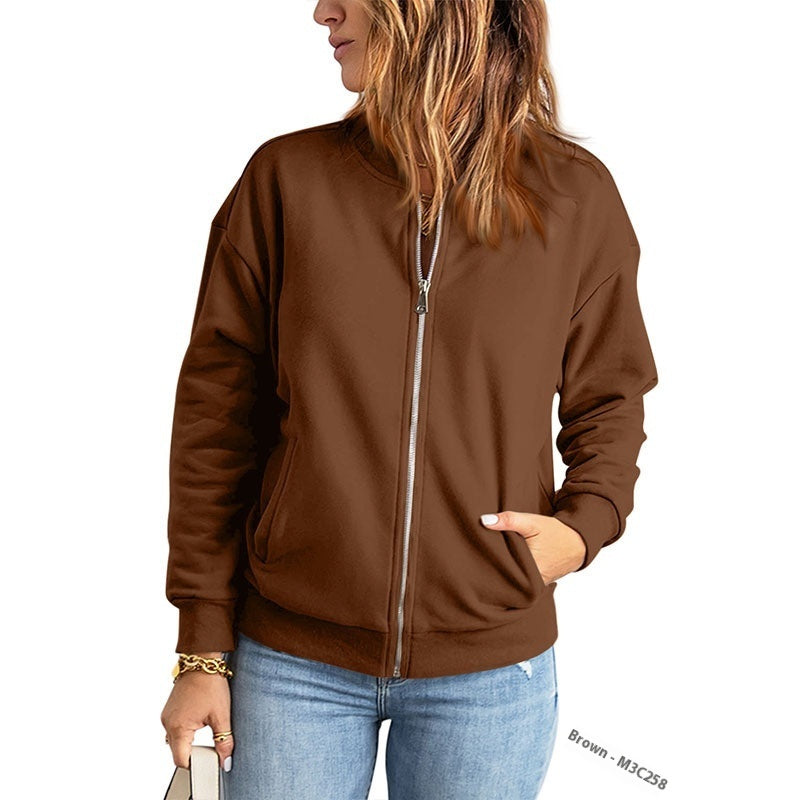 Women's Solid Color Zipper Jacket Coat Fashion Casual Cardigan Long Sleeve Stadiumjumper Brown