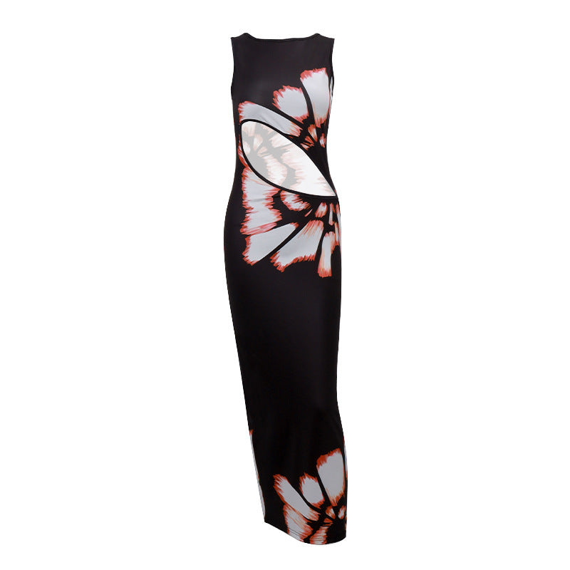 Just Arrived at Buy Center: Retro Printed Sleeveless Hollow Sexy Slim Fit Color-matching Dress Black