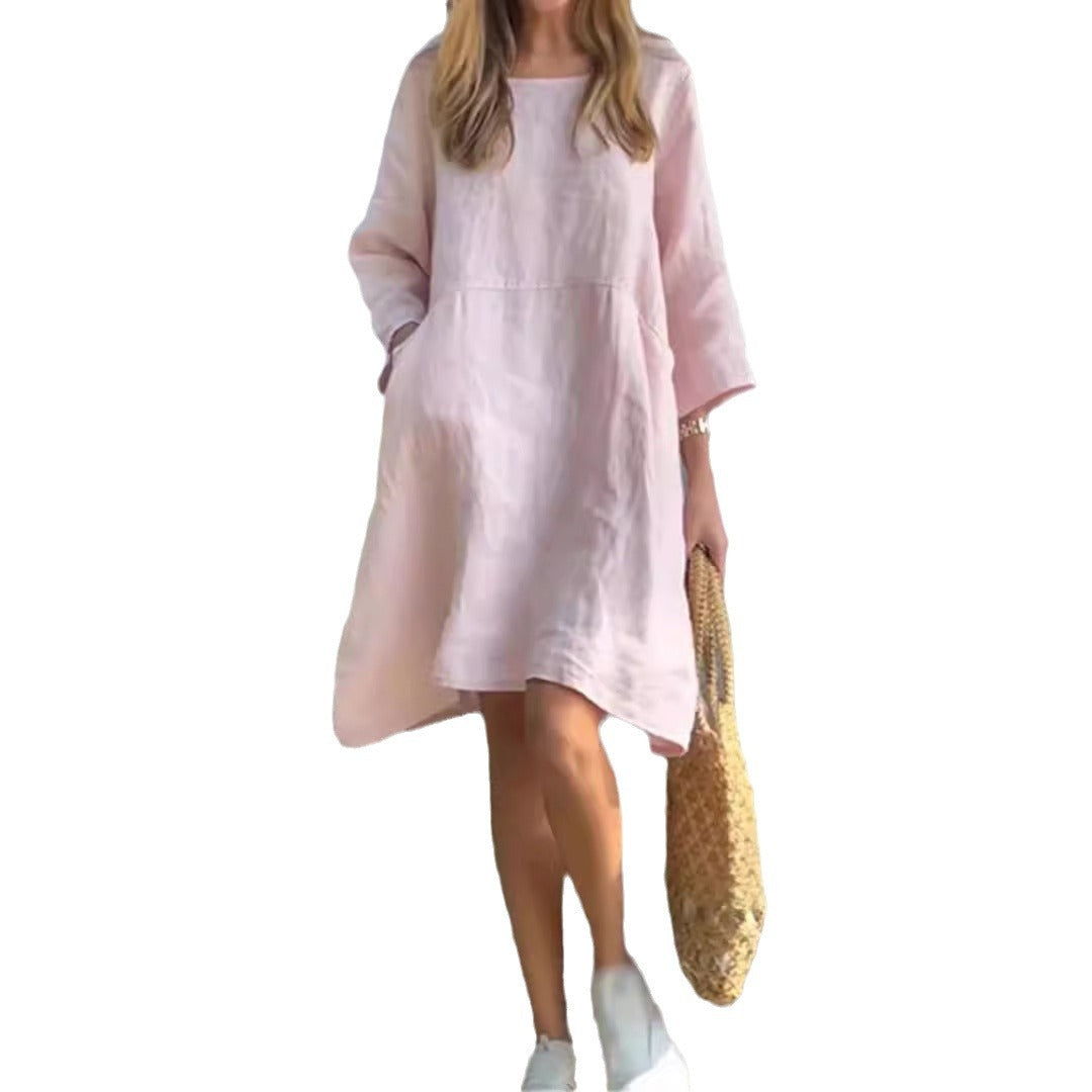 Hot New Items at Buy Center: Women's Cute Solid Color Loose Casual Pocket Cotton Linen Dress