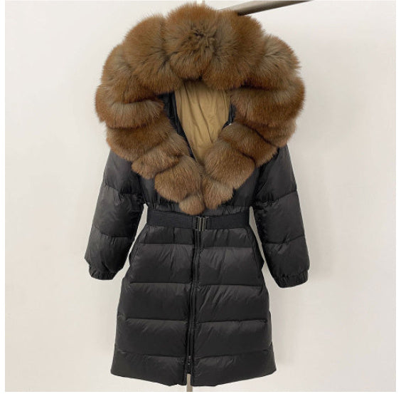 Women's Long Cinched Hoodie Real Fox Fur Collar Coat Buy Center