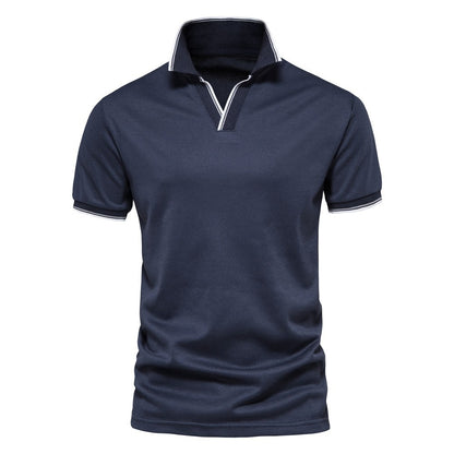 Fresh Arrivals at Buy Center: Men's Casual Versatile Solid Color V-neck Short Sleeved Shirt Dark Blue