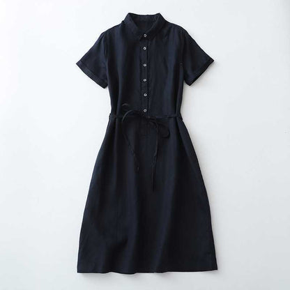 Linen Front Half-open Buckle Waist Lace-up Short Sleeve Dress Buy Center