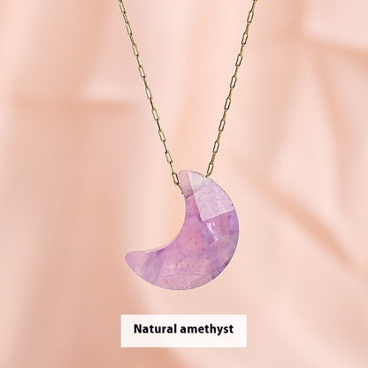 Buy Center Choice-Popular Temperament Natural Stone Cut Moon Titanium Steel Necklace Natural Amethyst 18x14mm