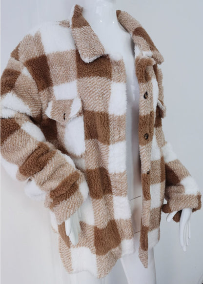 Women's Long-sleeved Double-pocket Plaid Furry Coat Buy Center