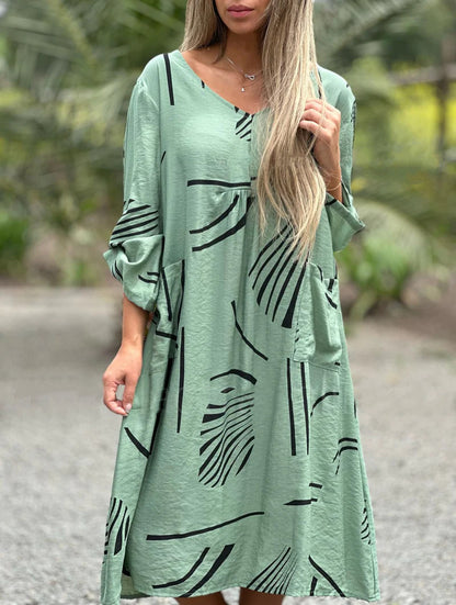 Fresh Arrivals at Buy Center: Fashion Printed V Neck Long Sleeve Dress Casual Loose Straight Dress Women's Clothing Green