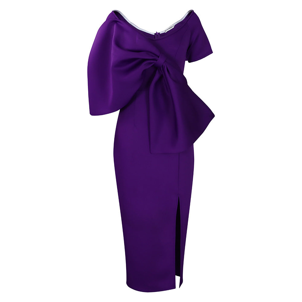 Buy Center Exclusive Offer-European And American Sexy Big Bow Split Sheath Dress Purple