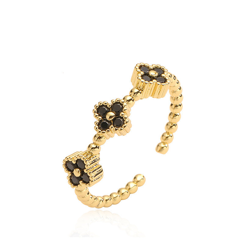 Trending Now at Buy Center: Petal Sweet Four-leaf Clover Ring Golden Black Diamond