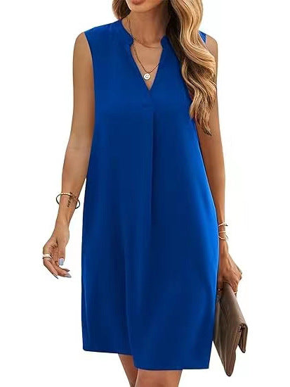 Buy Center Hot Pick-Sleeveless Elegant V-neck Loose Solid Color Dress Women Blue