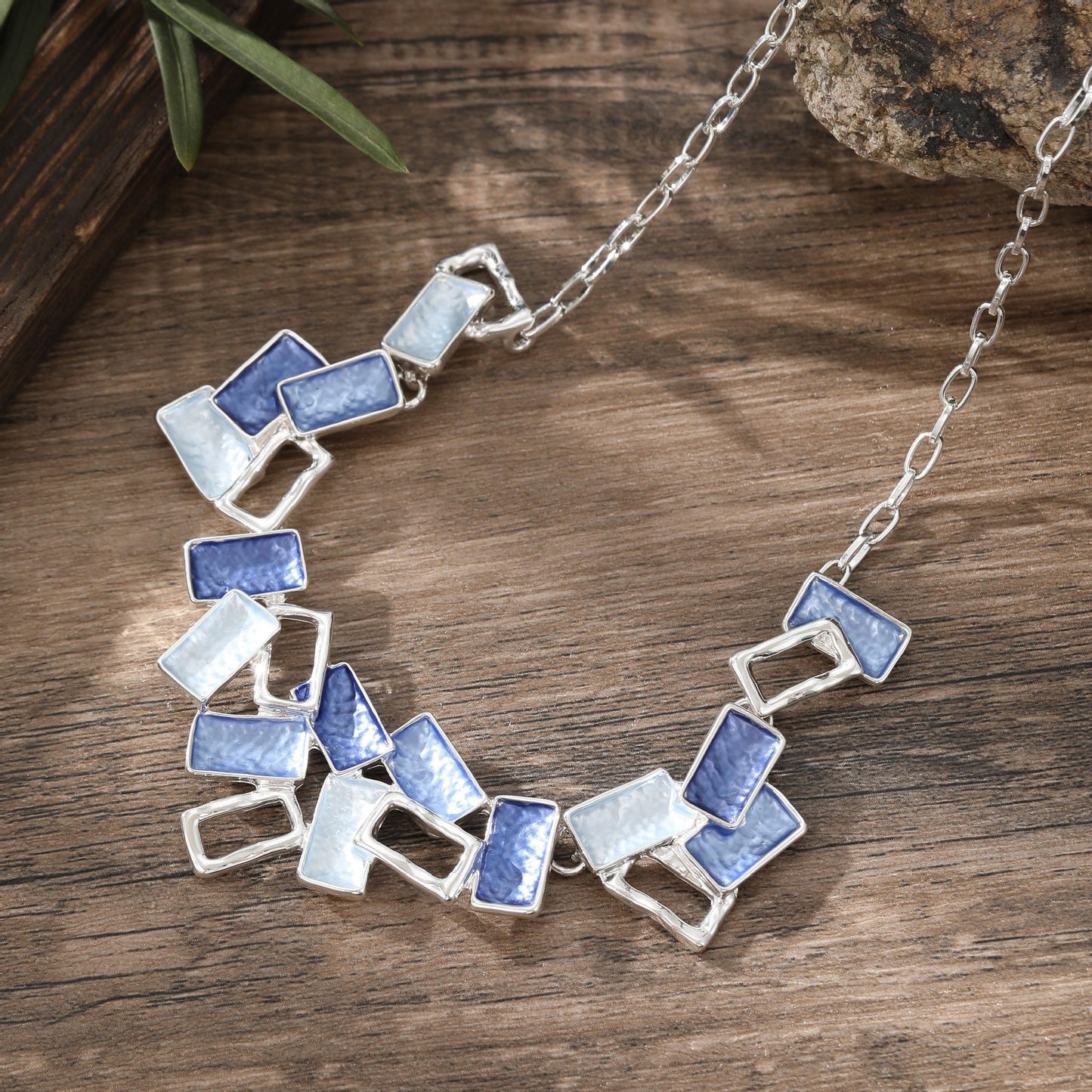 Buy Center Hot Pick-Colorful Painting Oil Geometric Hollow Square Necklace Creative Blue Square Silver