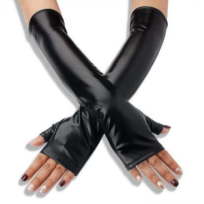 Elastic Tight Patent Mid-length Open Finger Leather Gloves | Women's Clothing-Accessories-Woman Glove | Buy Center