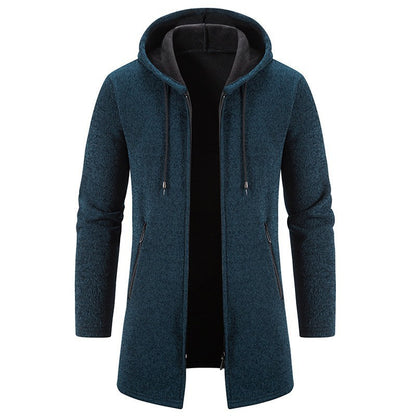 Autumn And Winter Fleece-lined Thickening Trendy Solid Color Men's Cardigan Mid-length Hooded Jacket Buy Center