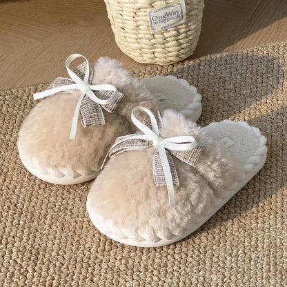 Bow Cotton Warm Non-slip Platform Slippers Buy Center