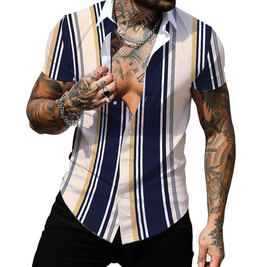 Camisa hawaiana de manga corta fina con solapa y rayas con estampado digital