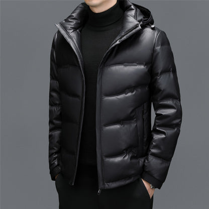 Men's Casual Solid Color White Duck Down Warm Hooder Leather Coat