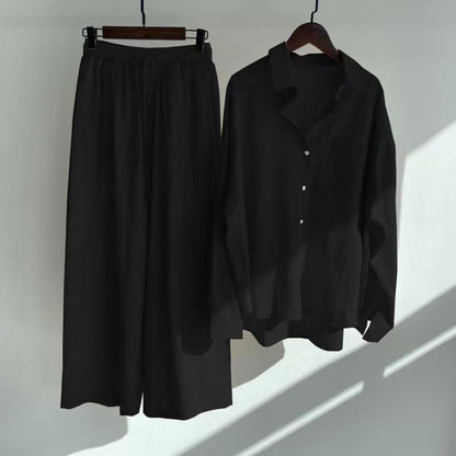 Buy Center Hot Pick-Cross-border Women's Ancient Cotton And Linen Shirt Outfit High Waist Loose Trousers Black