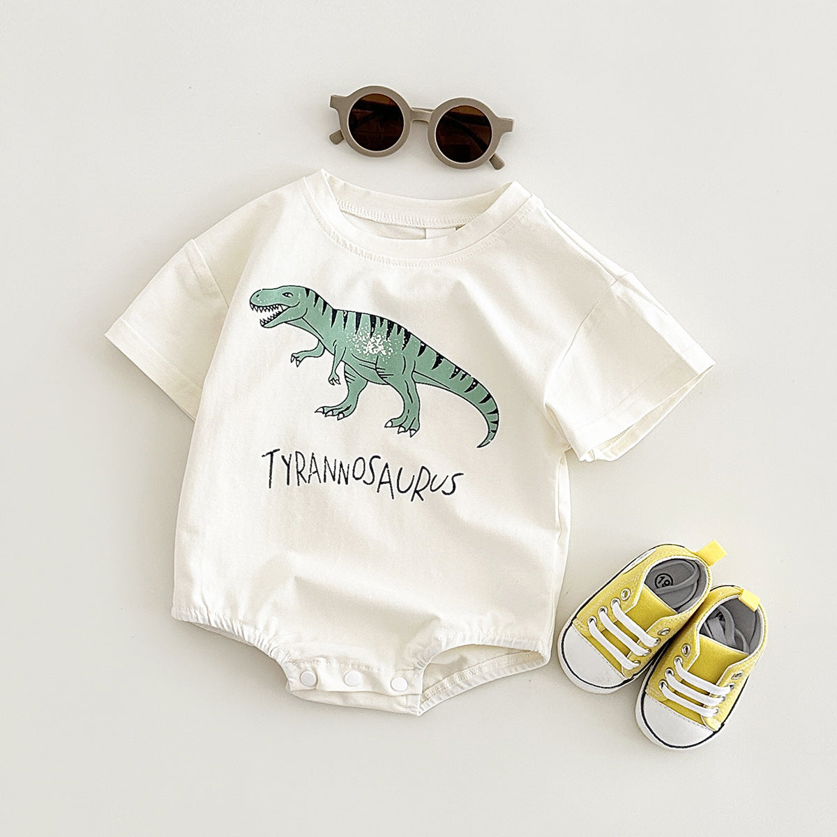 Trending Now at Buy Center: Baby Dinosaur Print Casual Triangle Overalls White