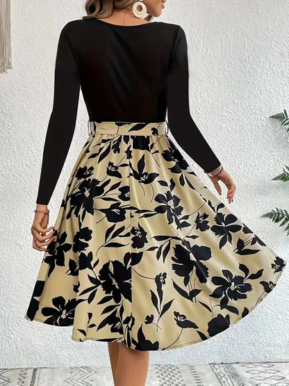 Fresh Arrivals at Buy Center: Floral Print Long Sleeve Dress Fashion Round Neck Tie Slim Dress Women's Clothing