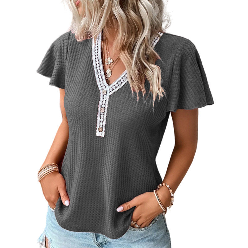 Trending Now at Buy Center: Waffle V-neck Short-sleeved T-shirt Dark Gray