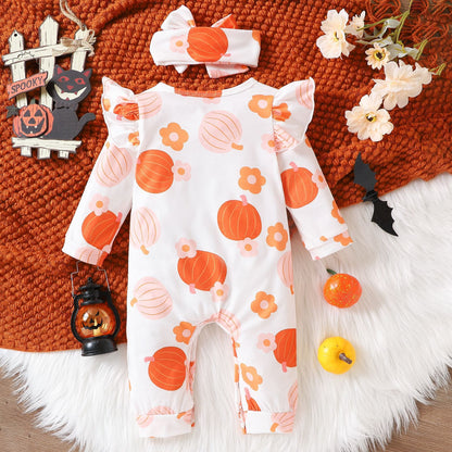 Hot New Items at Buy Center: Girls' Cartoon Pumpkin Ruffled Flounced Sleeve Long-sleeved Trousers Crawling Suit Jumpsuit