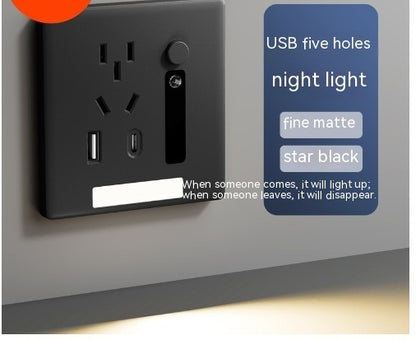 Newly Released at Buy Center: Human Body Induction Floor Five-hole Socket Type-c Embedded Small Night Lamp Bedside Panel Pure White Obsidian Black 3 Combined 1