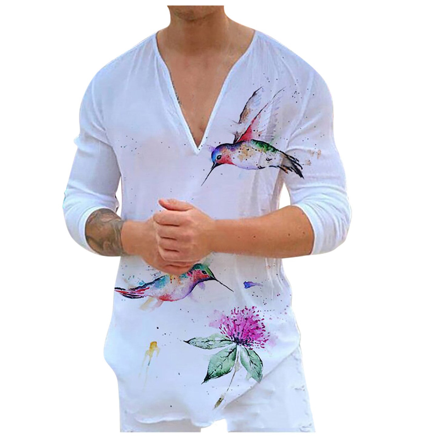 Camiseta de manga larga con cuello en V y estampado informal para hombre