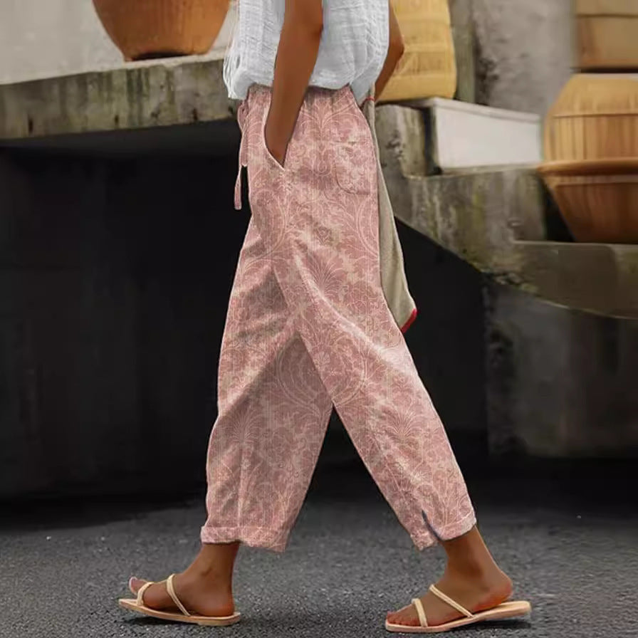 Trending Now at Buy Center: Feminine Digital Printed Minimalist Rolled Edge Casual Pants